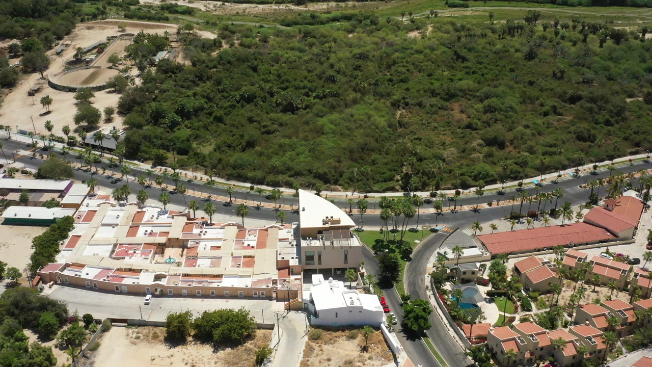 Aerial view in San Jose del Cabo showing a large light-roofed complex, nearby red roof homes, a curving road, palms, and dense green land in the background, with no visible people.
