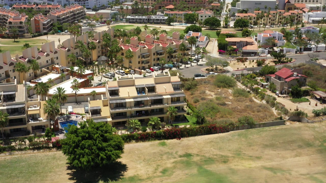 Elevated view over coastal buildings and palms near blue ocean.