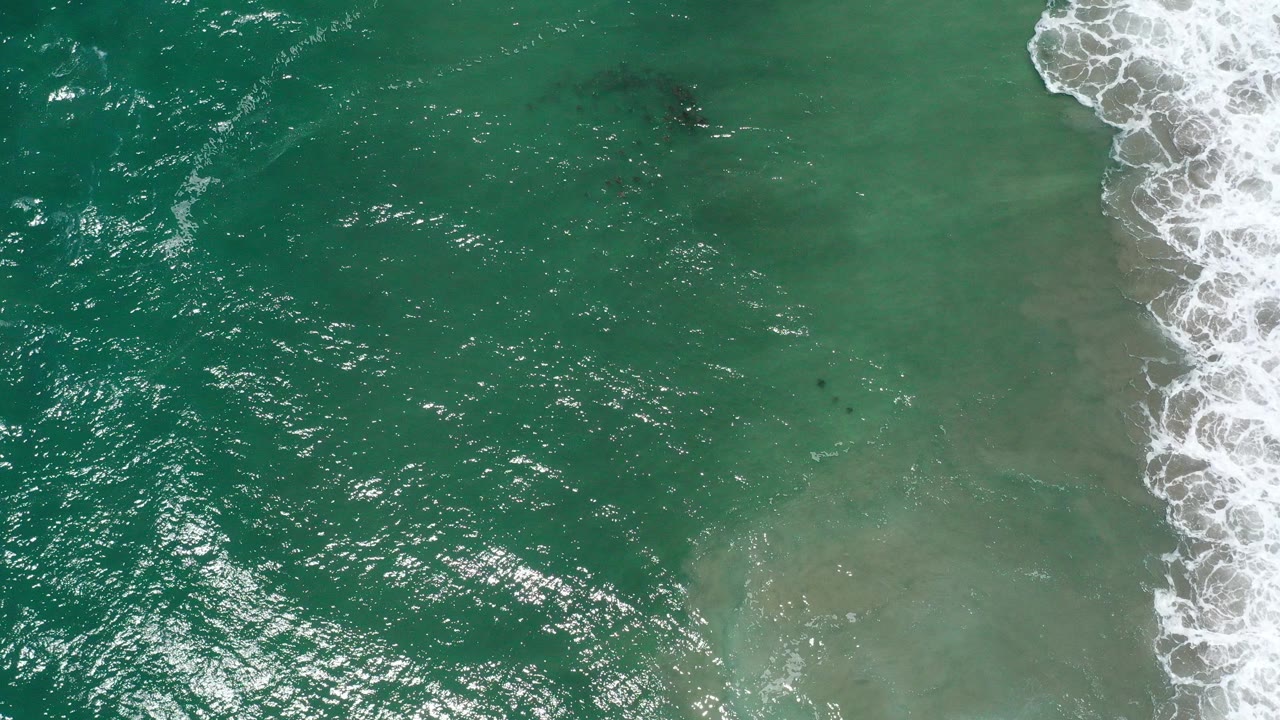 Top-down turquoise ocean with white surf along the right edge.
