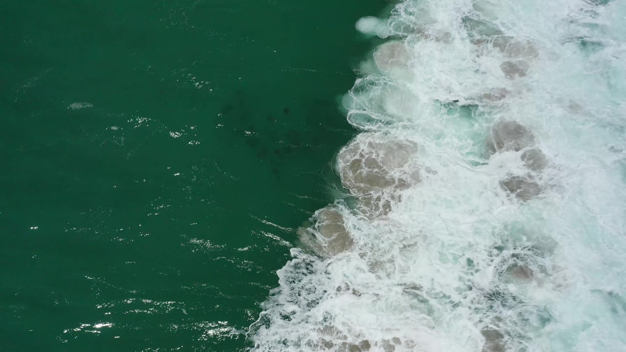 At 0:01, white surf pushes farther across the San Jose del Cabo water while several darker fish-like forms remain visible under the green surface, with no visible people.