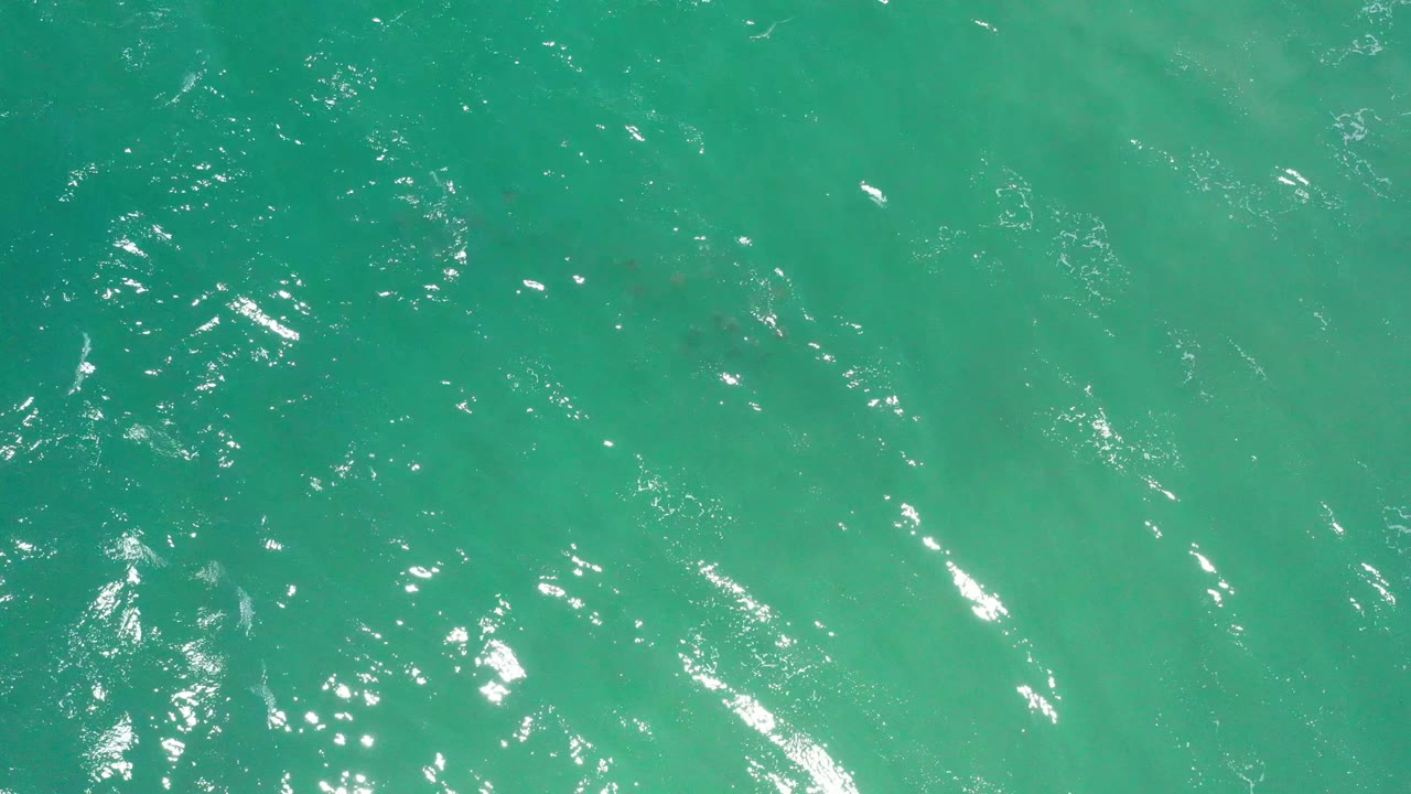 Aerial frame over teal water in San Jose del Cabo, Mexico, with stronger white reflections across the ripples and faint darker patches below the surface, no visible people.