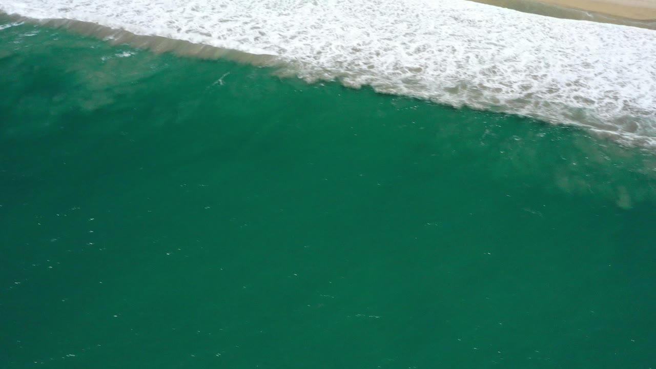 Aerial view of green ocean water meeting a pale sandy beach in San Jose Del Cabo, Mexico, with white surf along the upper edge and no visible people.