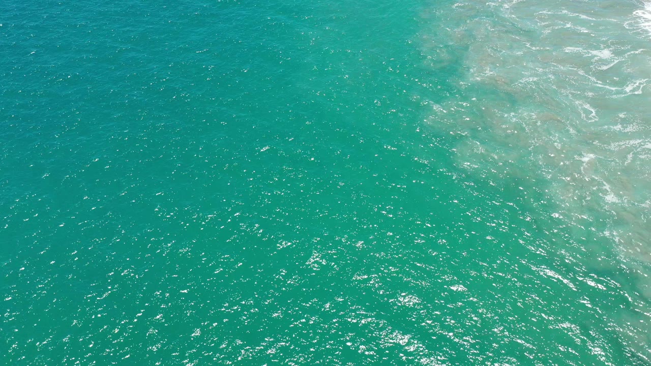 Blue-green ocean surface with ripples and a foamy wave area on the right.