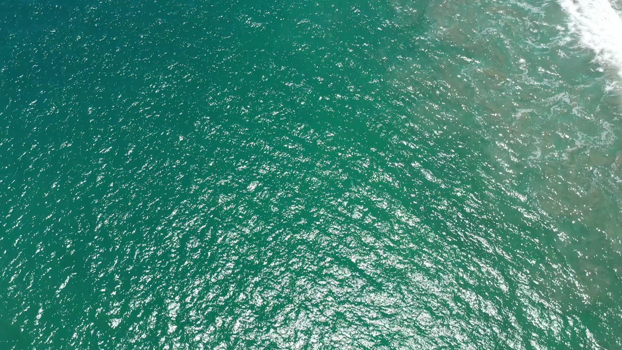 Overhead San Jose del Cabo water view with dense green ripples, a bright patch of sun reflection near the lower center, faint shallow tones at right, and no visible people.