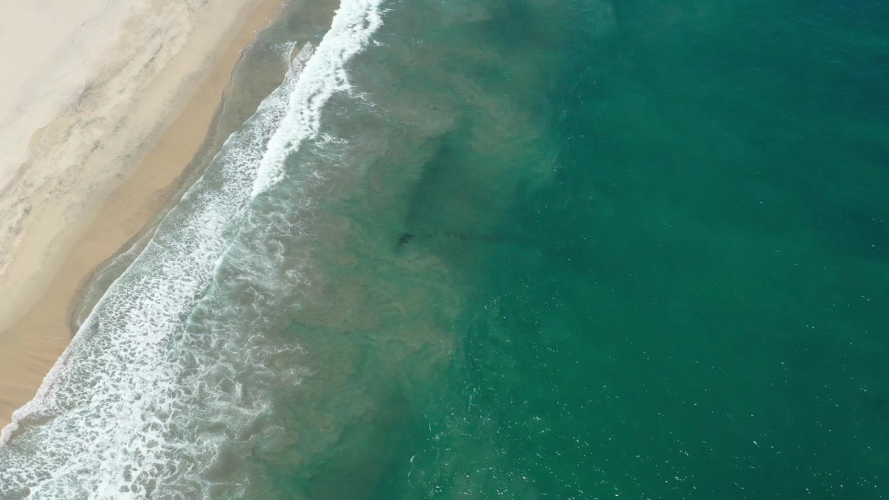 Diagonal surf line beside dark teal ocean and pale sand.