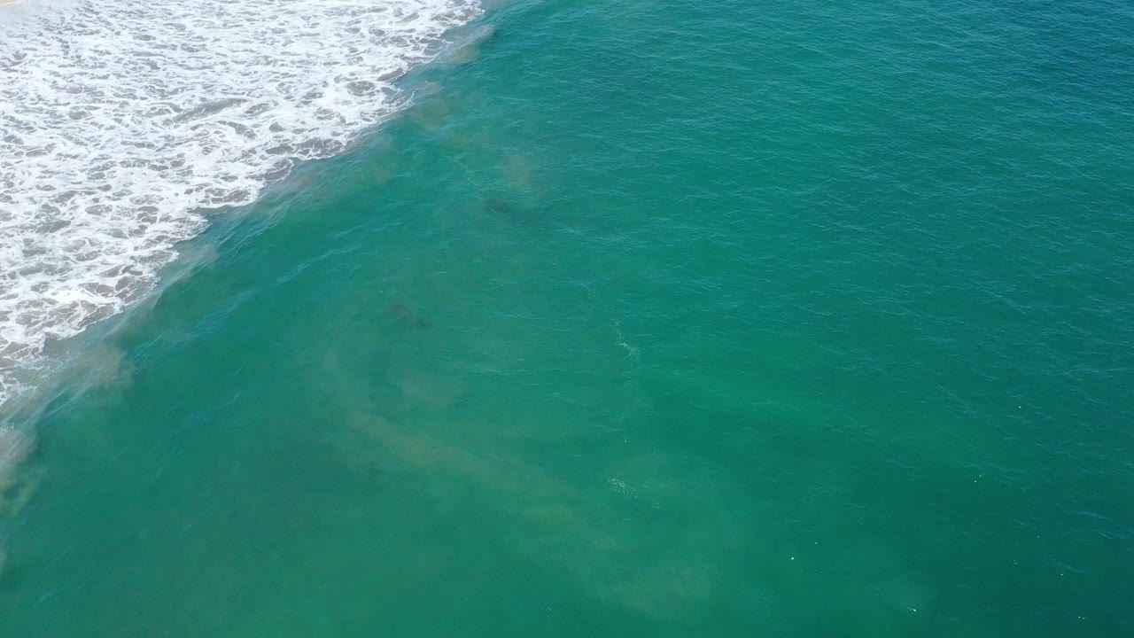Clear teal ocean with surf foam crossing the upper left corner.
