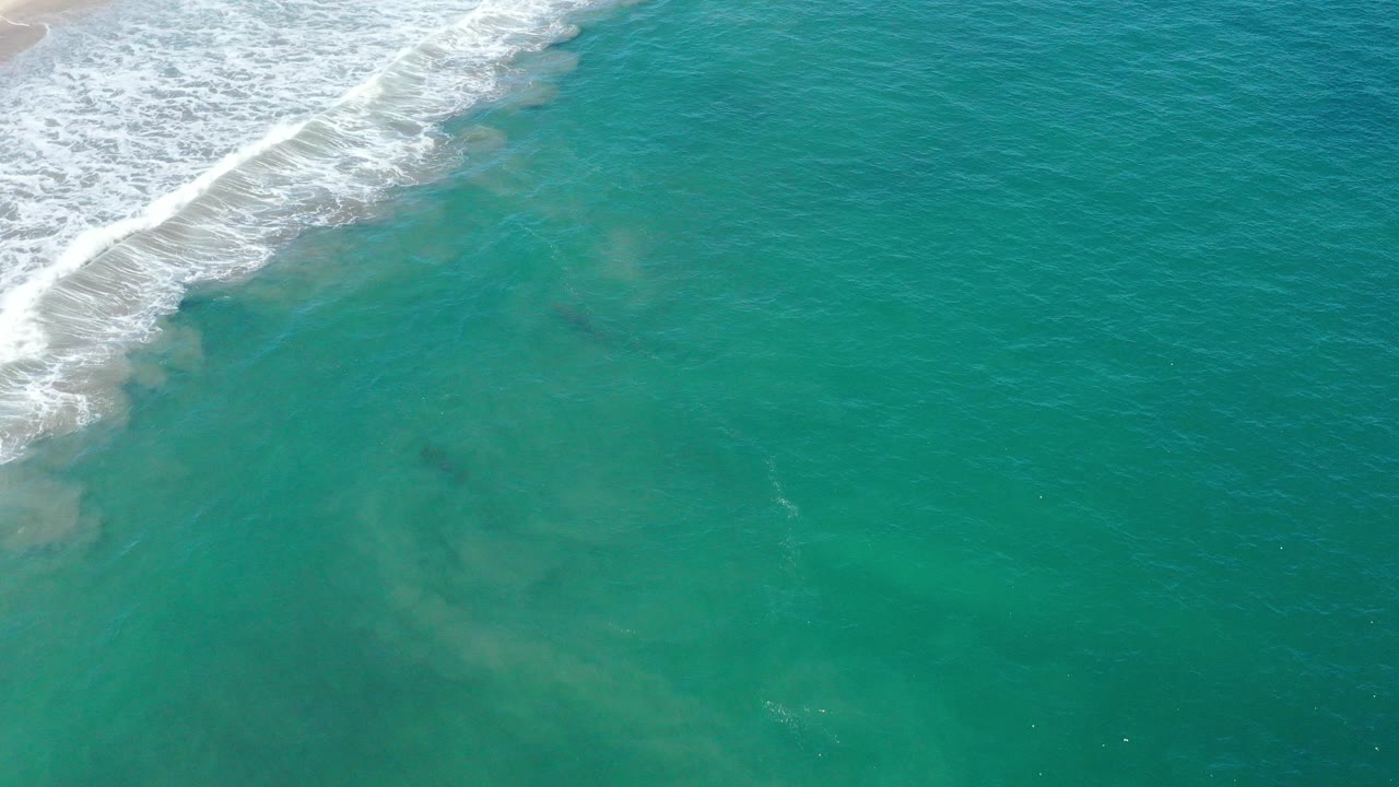 Overhead view of turquoise ocean at San Jose del Cabo with white surf foam and a sliver of pale shoreline at the upper left, no visible people.