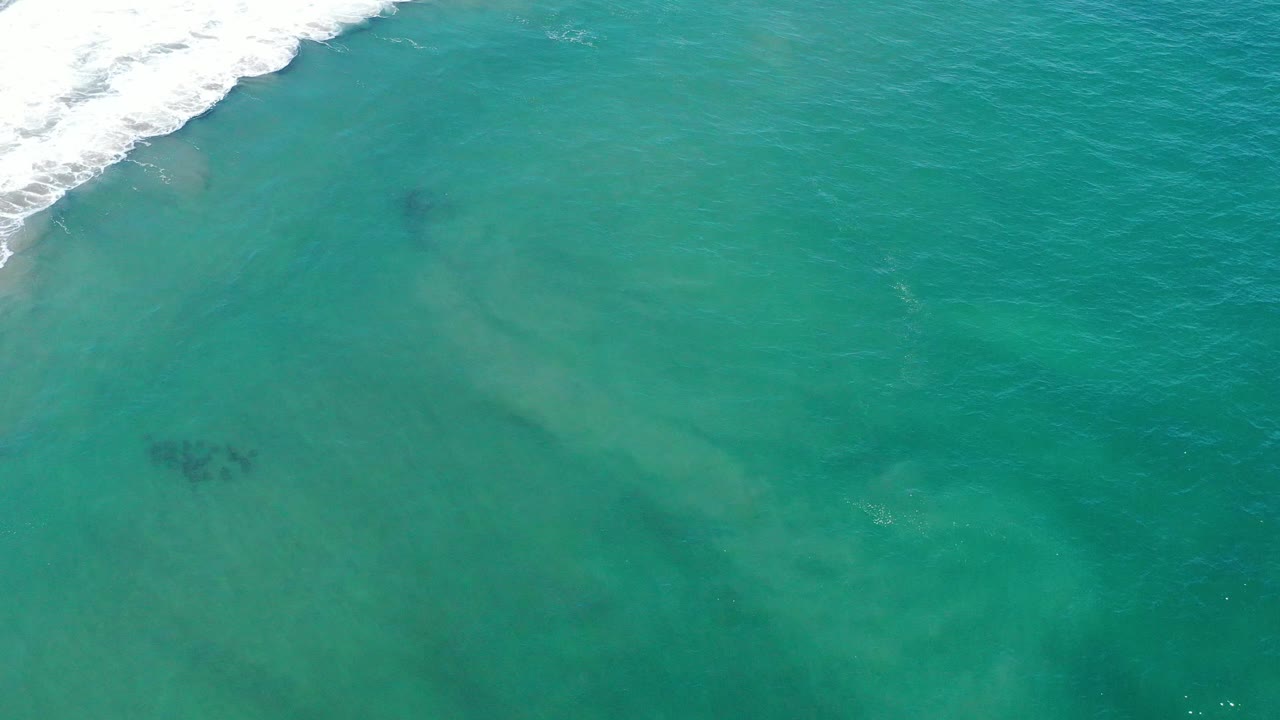 Turquoise sea with surf corner and small dark fish clusters under the surface.