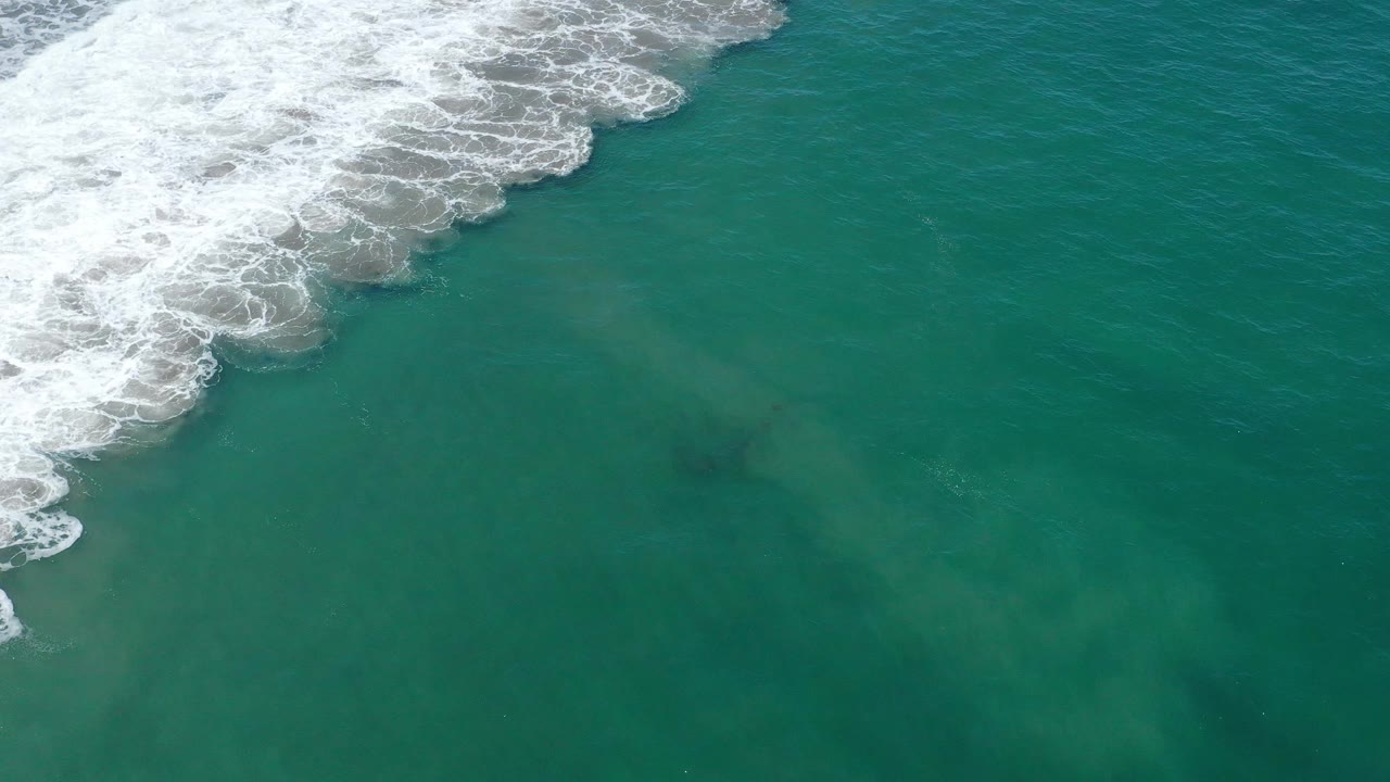 Aerial view over San Jose del Cabo water with foamy surf curling from the left edge into green sea and pale sand movement beneath, with no visible people.