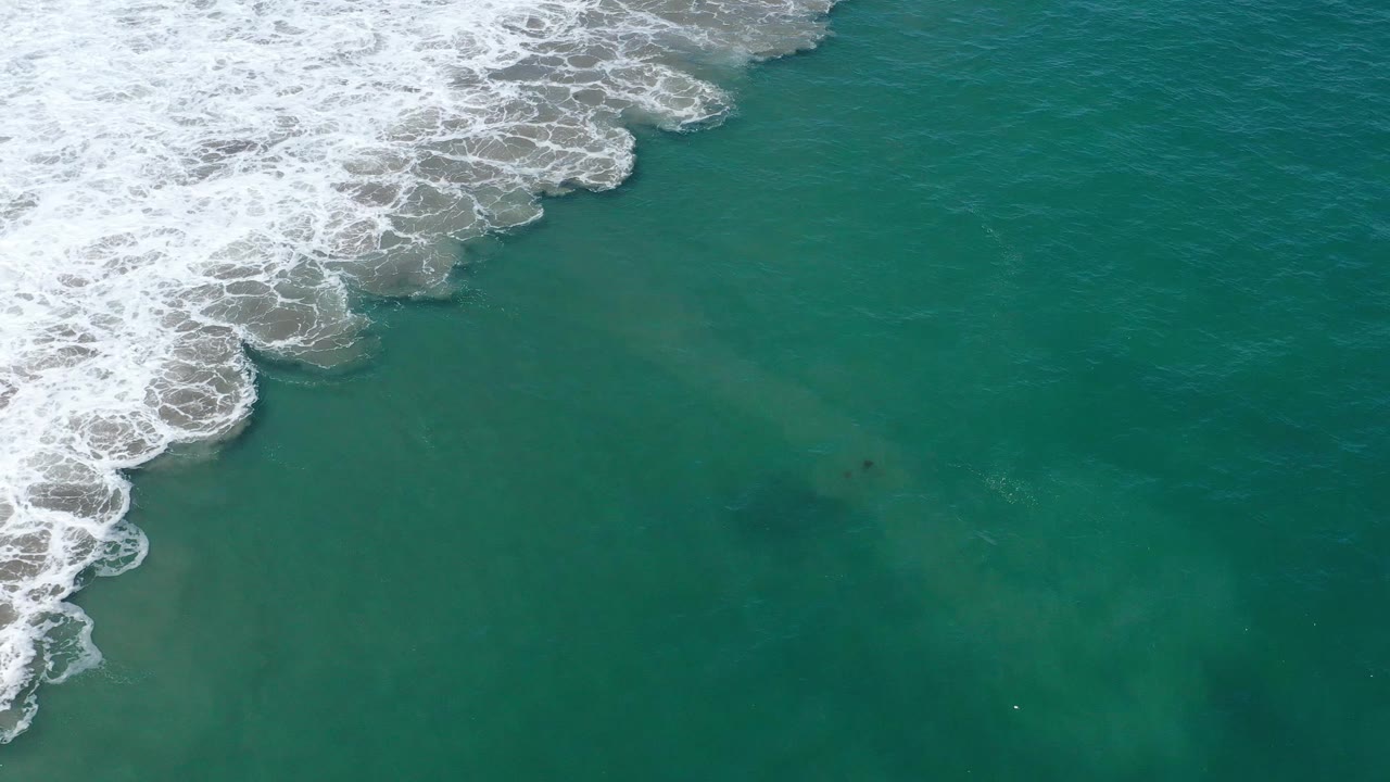 Aerial frame over San Jose del Cabo water with a broad band of white foam at the top left and green-blue sea filling the right side, no visible people.