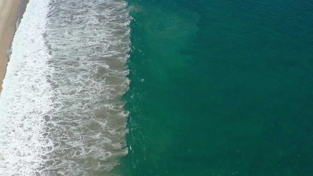 A foamy wave borders green water in an overhead beach view.