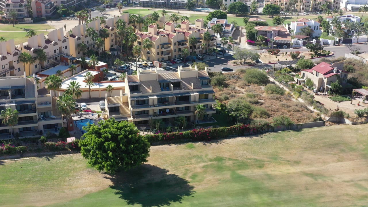 High view over a Los Cabos residential area with a field, tree, buildings, palms, and distant sea.
