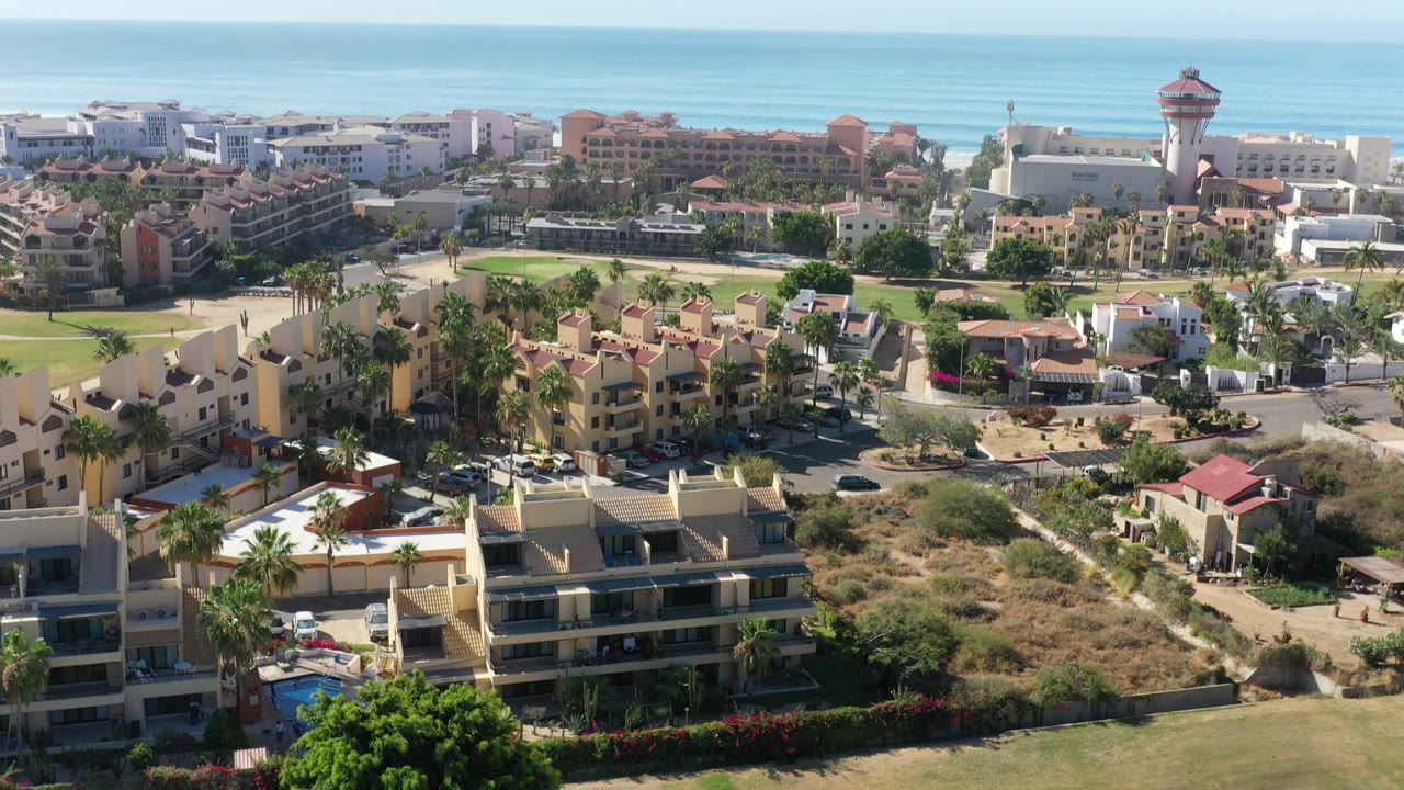Aerial view of coastal buildings, palm trees, roads, and ocean horizon.