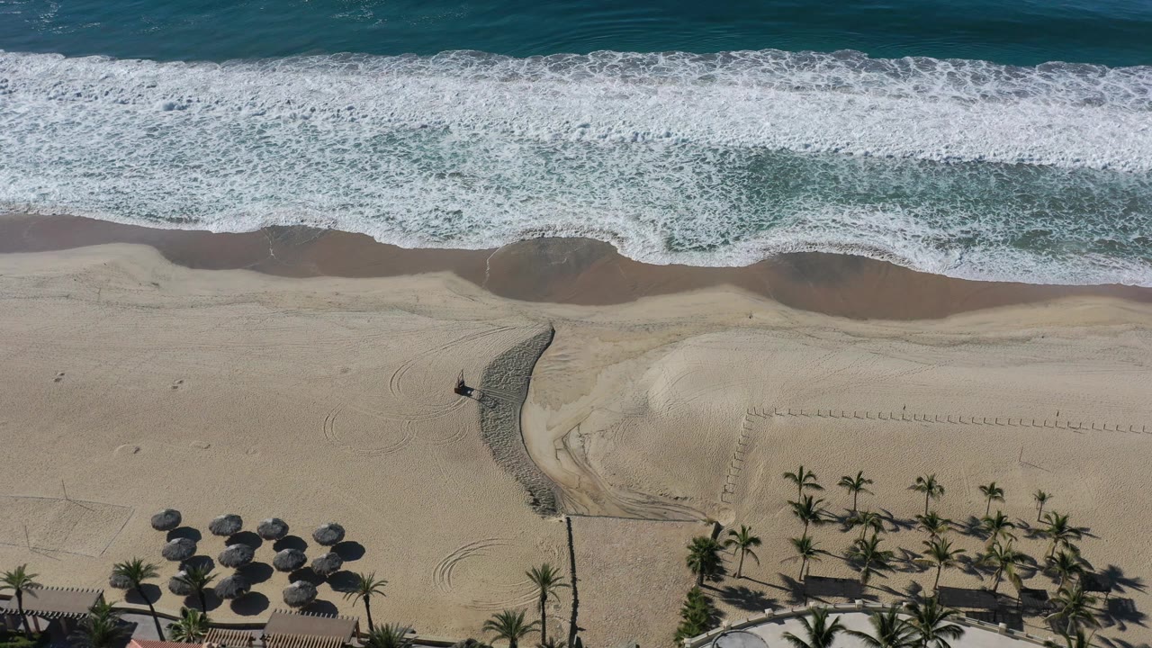 Los Cabos aerial frame with foamy water breaking across the upper half, pale sand beneath it, a curved drainage feature, palms, umbrellas, and no visible people.