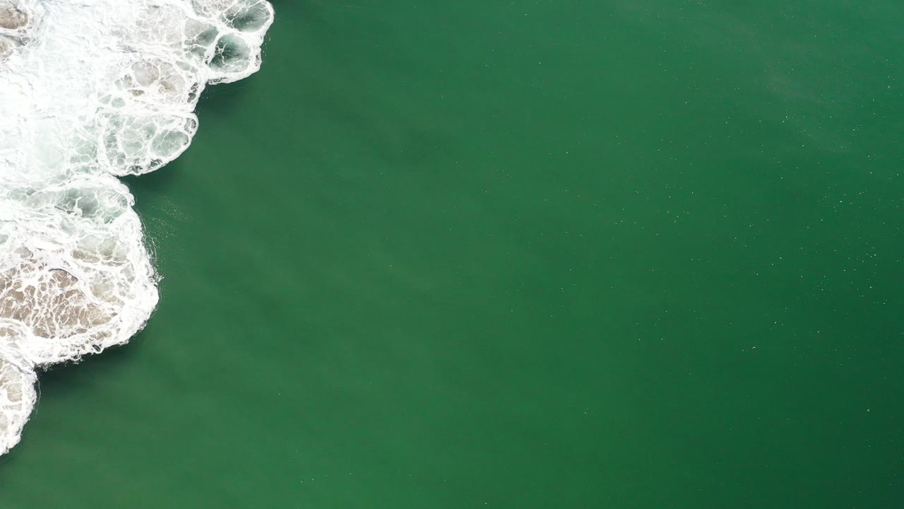 Foamy wave edge narrows against a wide field of green water.