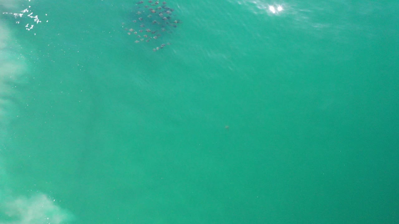 Turquoise water seen from above with bright surface glare and a dark cluster near the top.