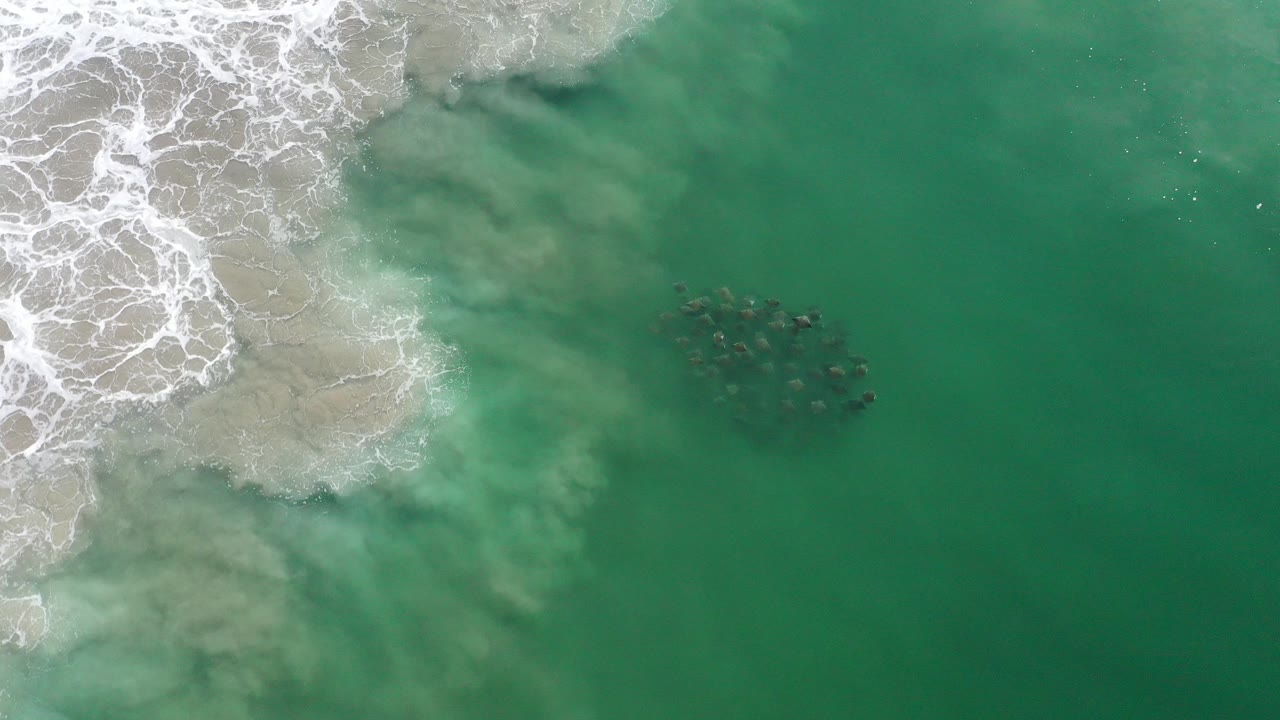 Overhead frame from Los Cabos, Mexico showing a compact school of dolphins in green water beside white breaking surf, with no visible people.