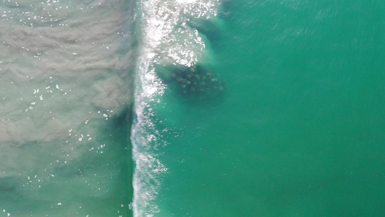 Overhead view in Los Cabos, Mexico, showing a white wave line entering from the left, bright sun glare on green water, and a dark school of fish below the surface with no visible people.