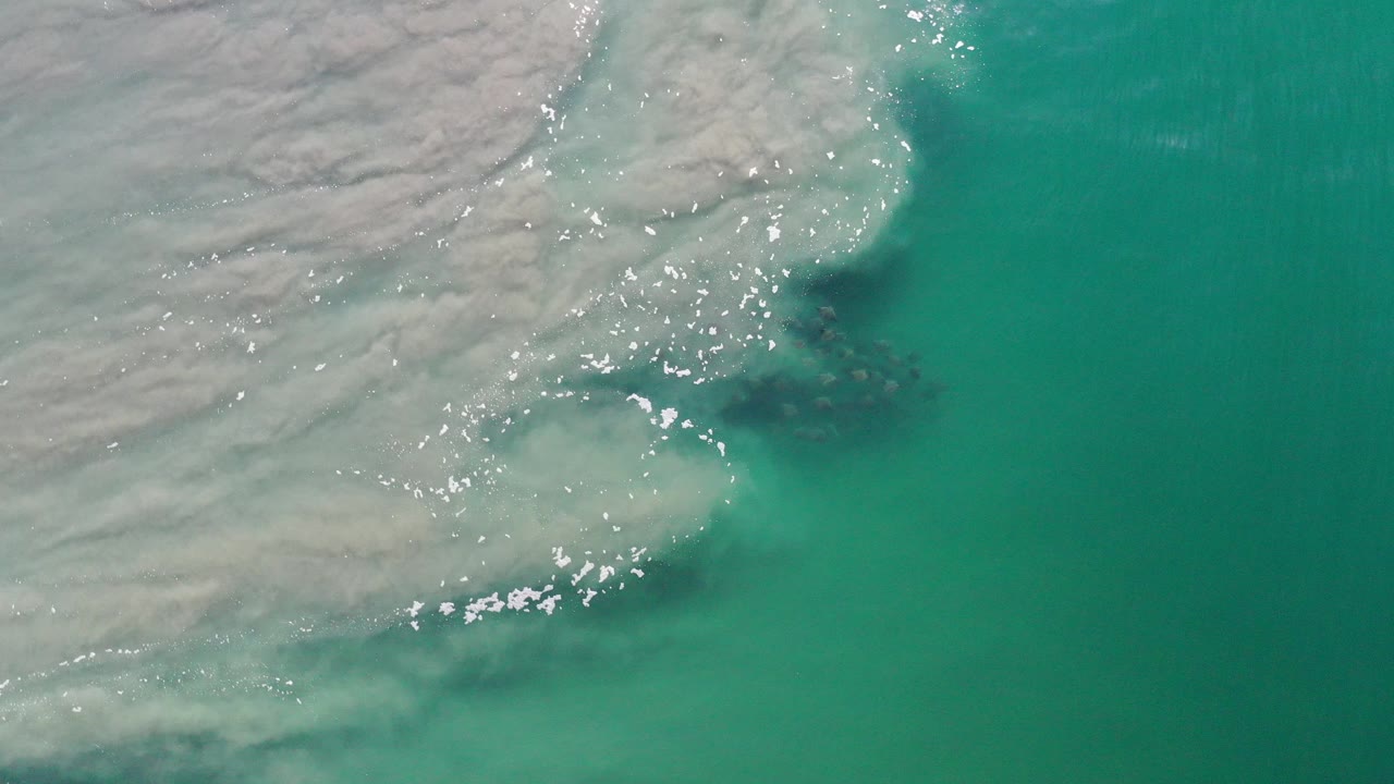 Teal ocean water with foam and dark underwater animal shapes.