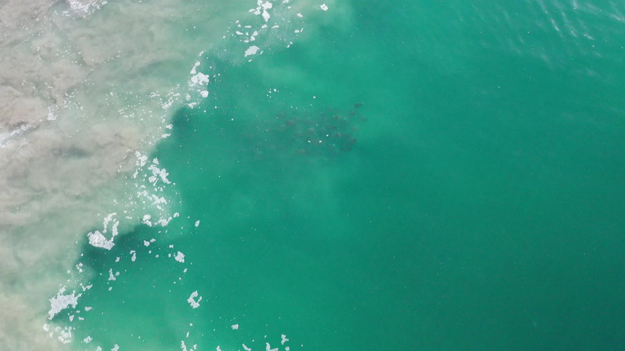 Overhead view of green Los Cabos seawater beside pale sand, with scattered white foam and no visible people at the start of the clip.