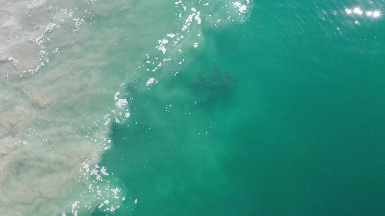 Aerial green water with a pale edge, foam flecks, and sunlight sparkle.
