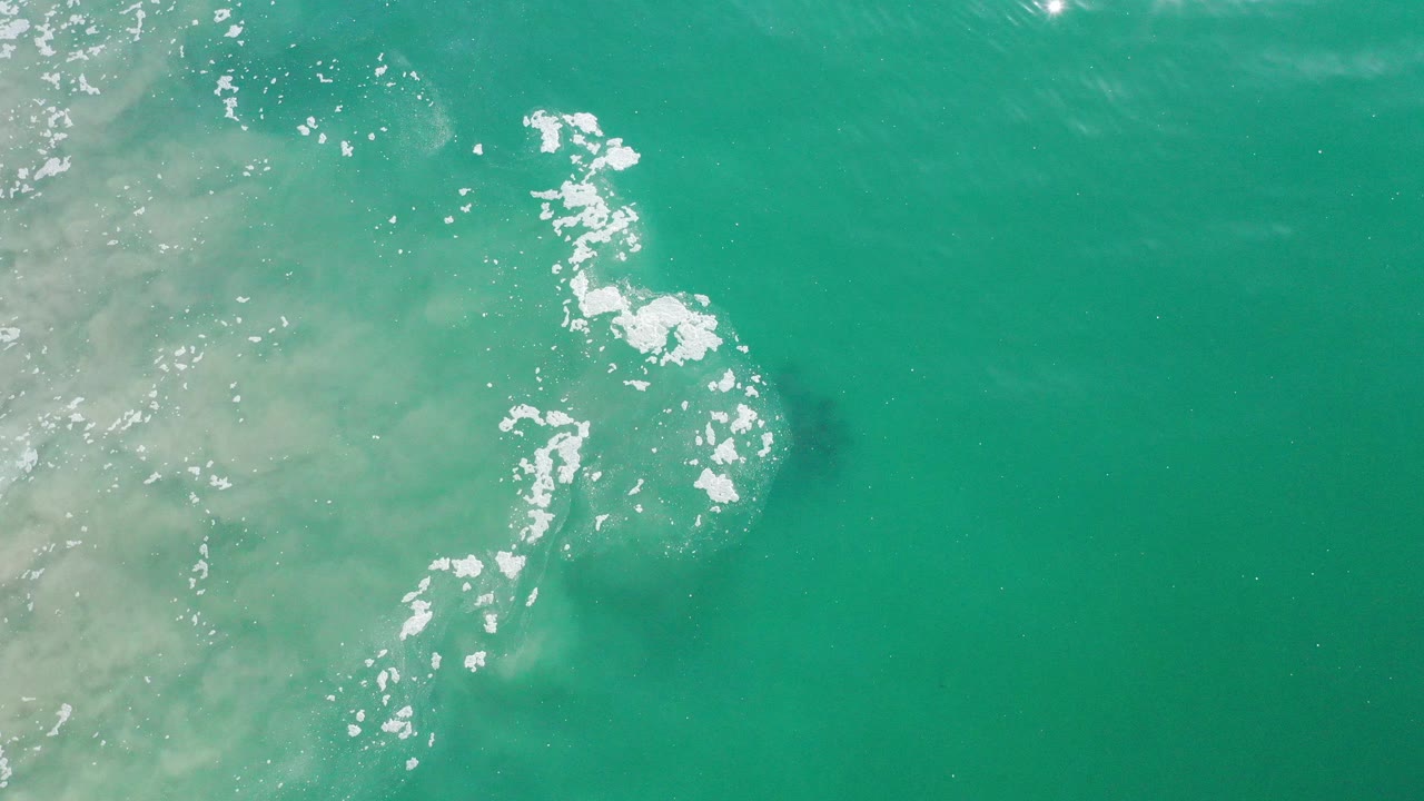 Overhead view of green ocean water in Los Cabos, Mexico, with a pale sand cloud entering from the left, scattered white foam near center, and no visible people.