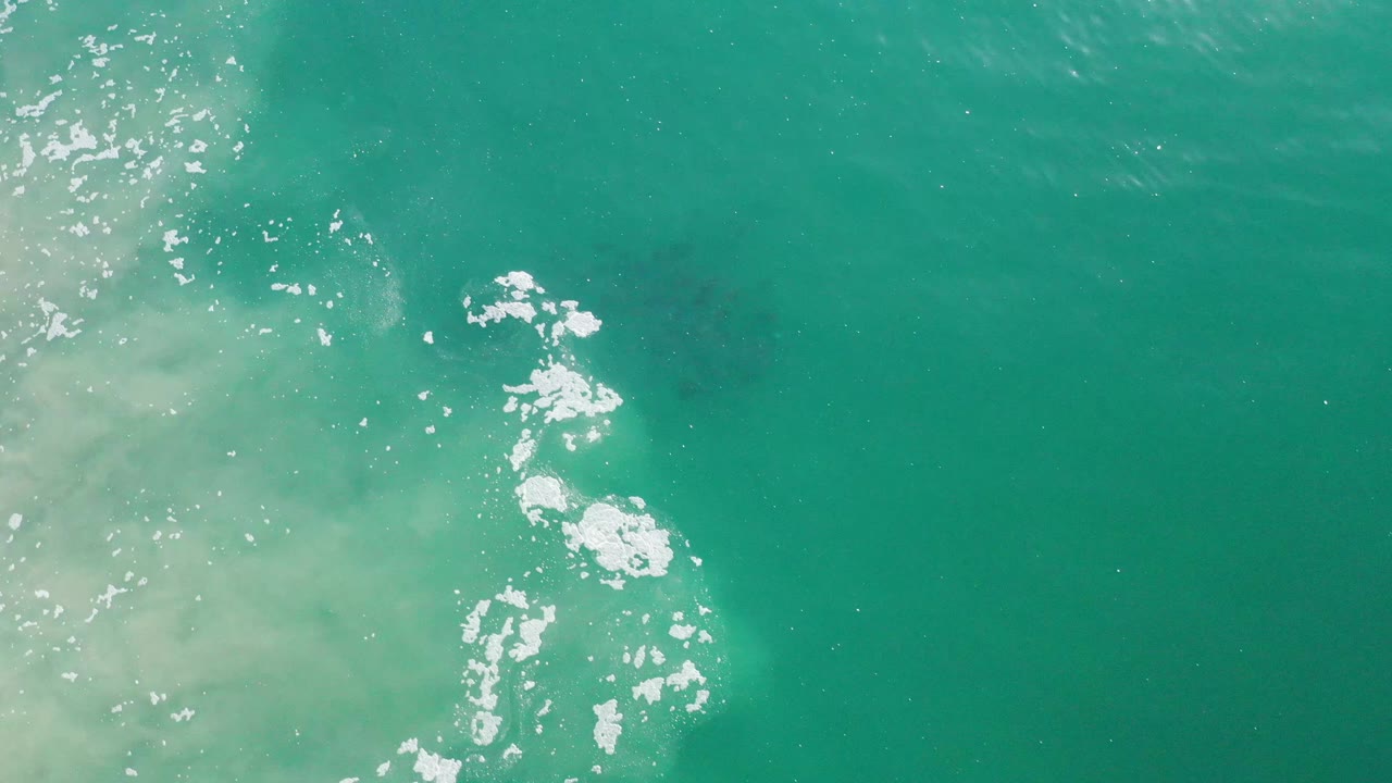 A second aerial frame near Los Cabos, Mexico, keeps the pale wash along the left side while bright foam flecks sit over a dark submerged fish school, with no visible people.