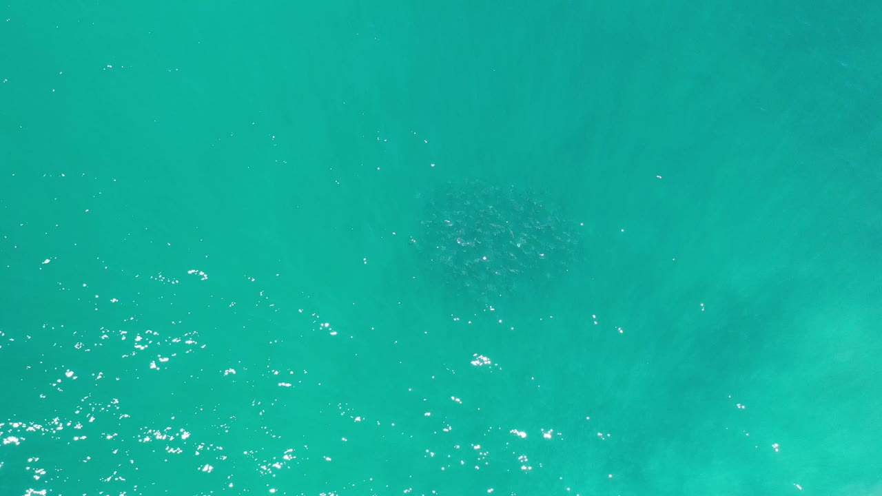 Los Cabos ocean surface seen from above, with blue-green water, small white sparkle clusters near the lower edge, and no visible people.