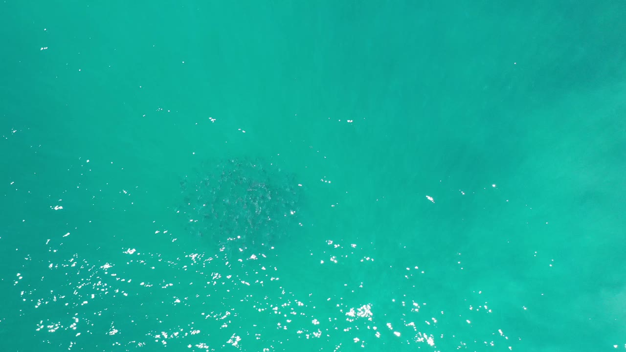 A straight-down Los Cabos ocean view shows turquoise water, faint darker shapes below the surface, and no visible people.