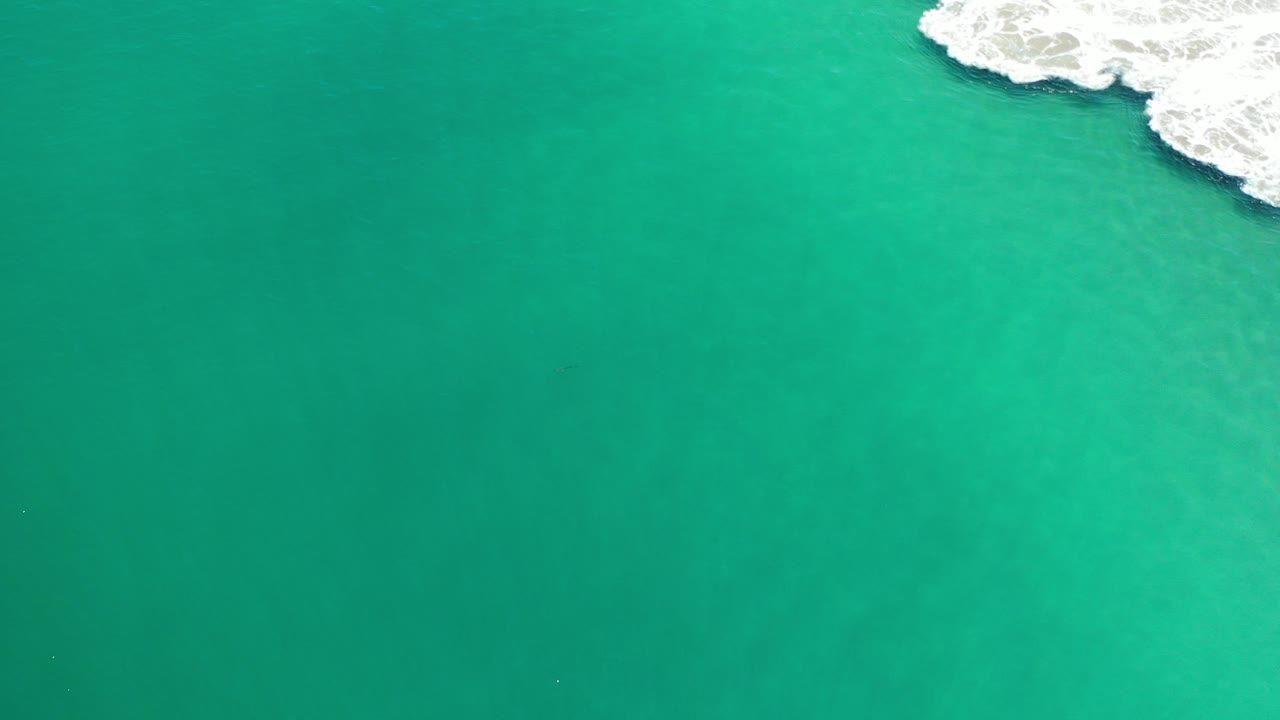 Overhead view of turquoise seawater in Los Cabos, Mexico, with a small band of white surf at the upper right and no visible people.