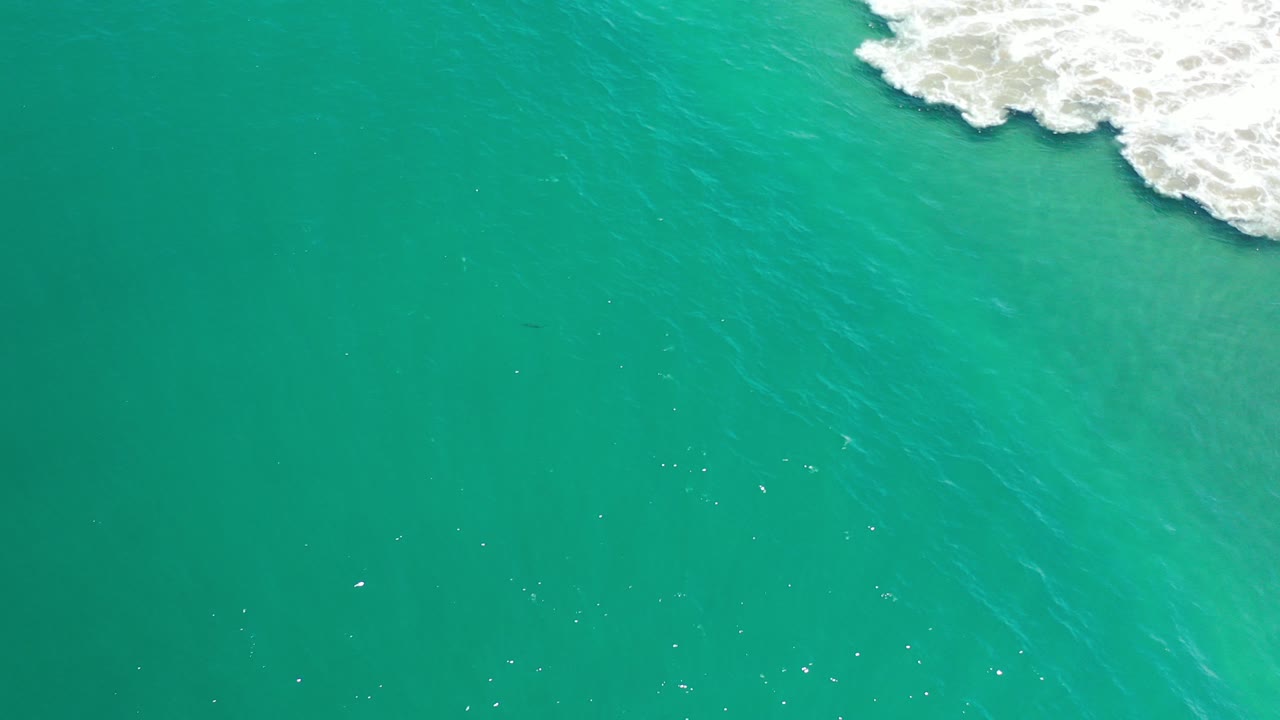 Top-down view of green-turquoise water in Los Cabos, Mexico, with a patch of white surf entering from the upper-right edge and no visible people.