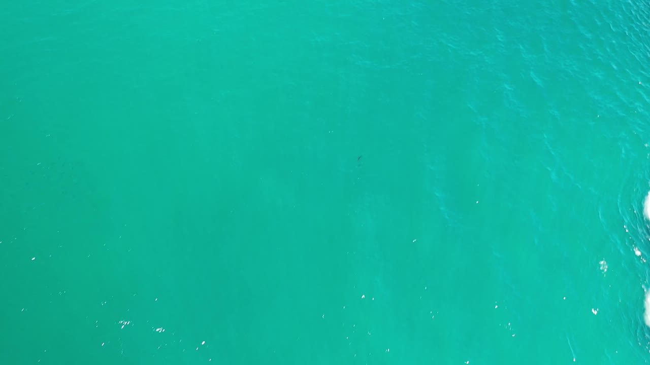 Overhead Los Cabos sea surface with turquoise water, subtle underwater dark patches, a small white foam mark near the right side, and no visible people.