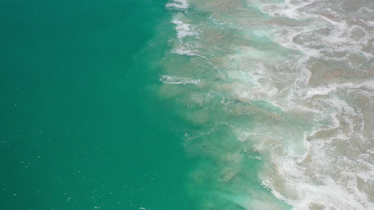 Green ocean surface with foam clustered along the right edge.