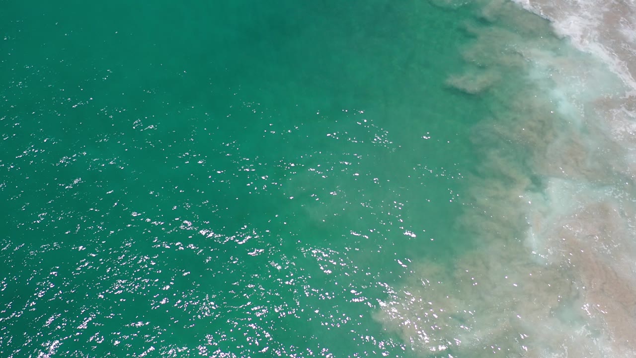 Top-down green ocean water with pale surf along the right edge.