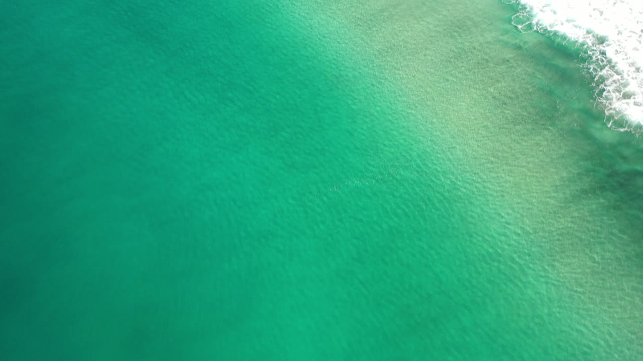 Overhead view of green water in Los Cabos, Mexico, with white breaking surf entering the upper right corner and no visible people.