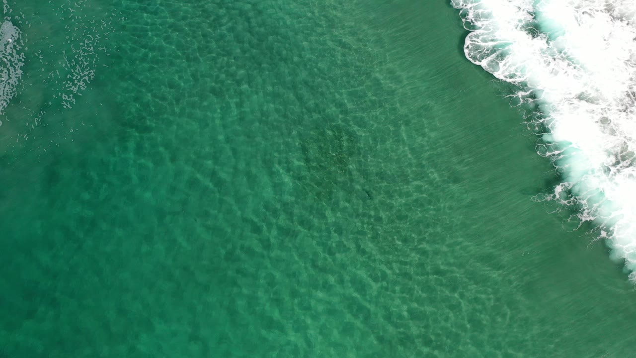 Clear green shallow water in Los Cabos, Mexico, viewed from above as a white wave line curls near the top right, with no visible people.