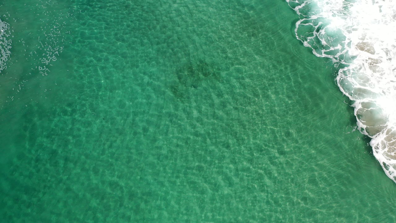 Overhead view of green Los Cabos ocean water with white surf curling onto pale sand at the right edge, no visible people.