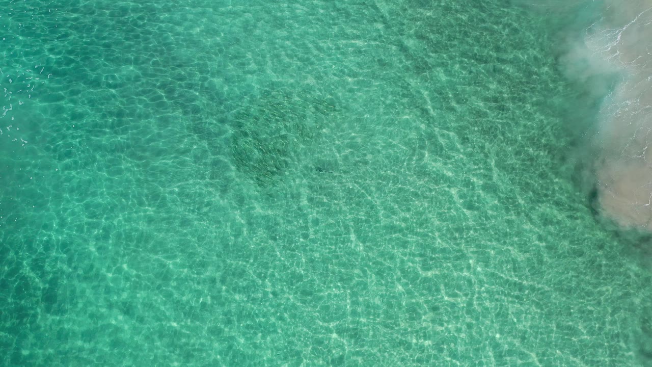 Overhead Los Cabos water frame showing brighter turquoise shallows, fine surface ripples, and a small foamy wash touching the sand at frame right with no visible people.