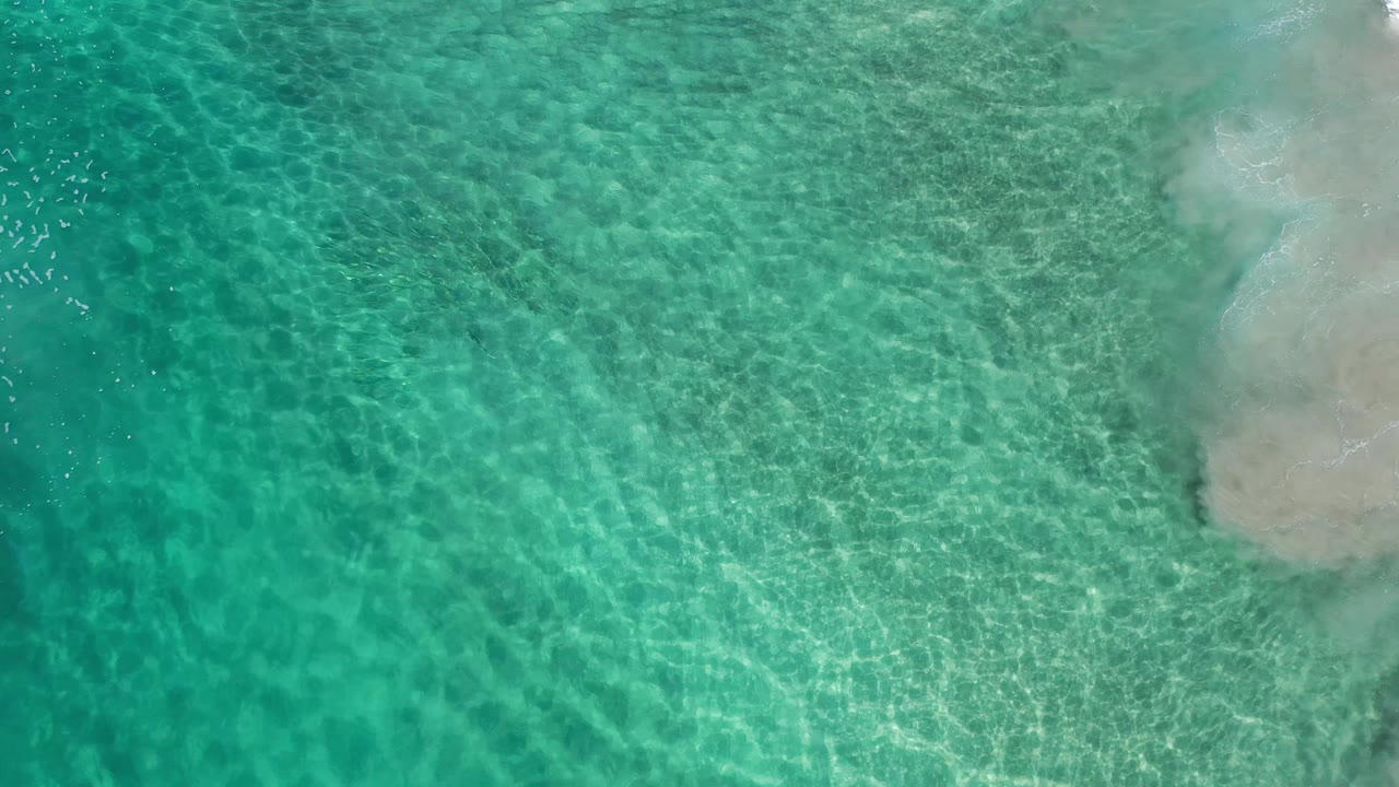 Clear green-blue shallows in Los Cabos, Mexico, fill the frame with visible sand ripples and a soft pale shore boundary on the right, no visible people.