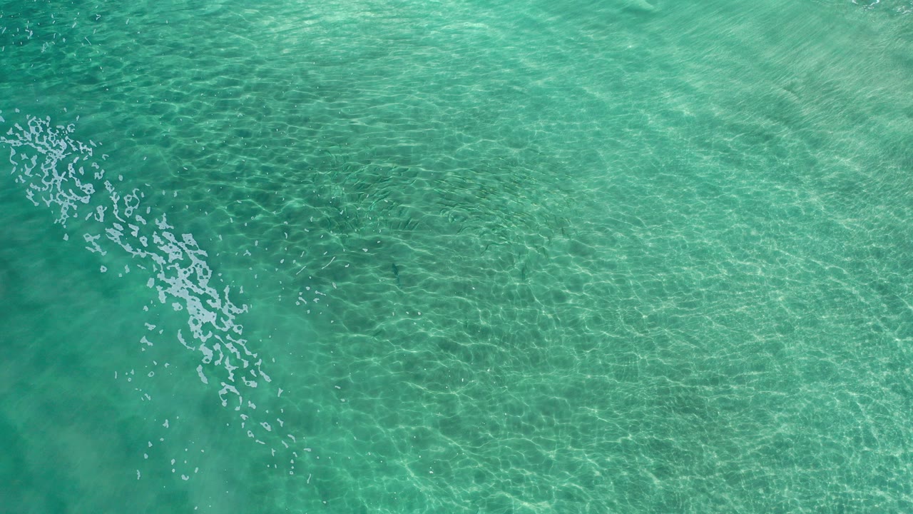 Straight-down aerial view of clear turquoise water over pale sand in Los Cabos, Mexico, with a darker band at left and no visible people.