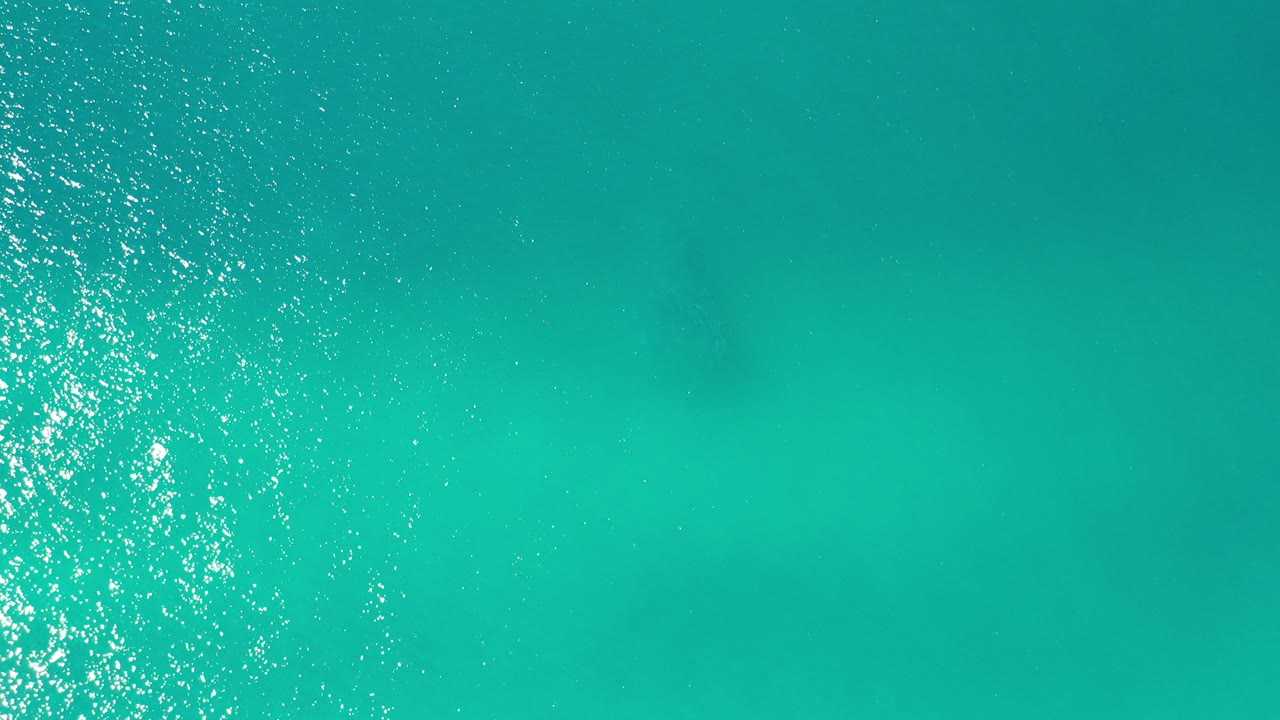 Top-down drone view of turquoise ocean water in Los Cabos, Mexico, with bright surface sparkle near the left side and no visible people.