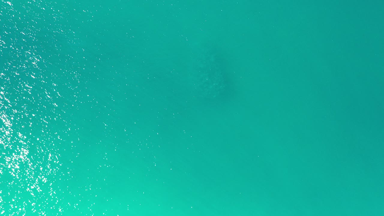 Top-down blue-green ocean surface with sun glitter at the left edge.