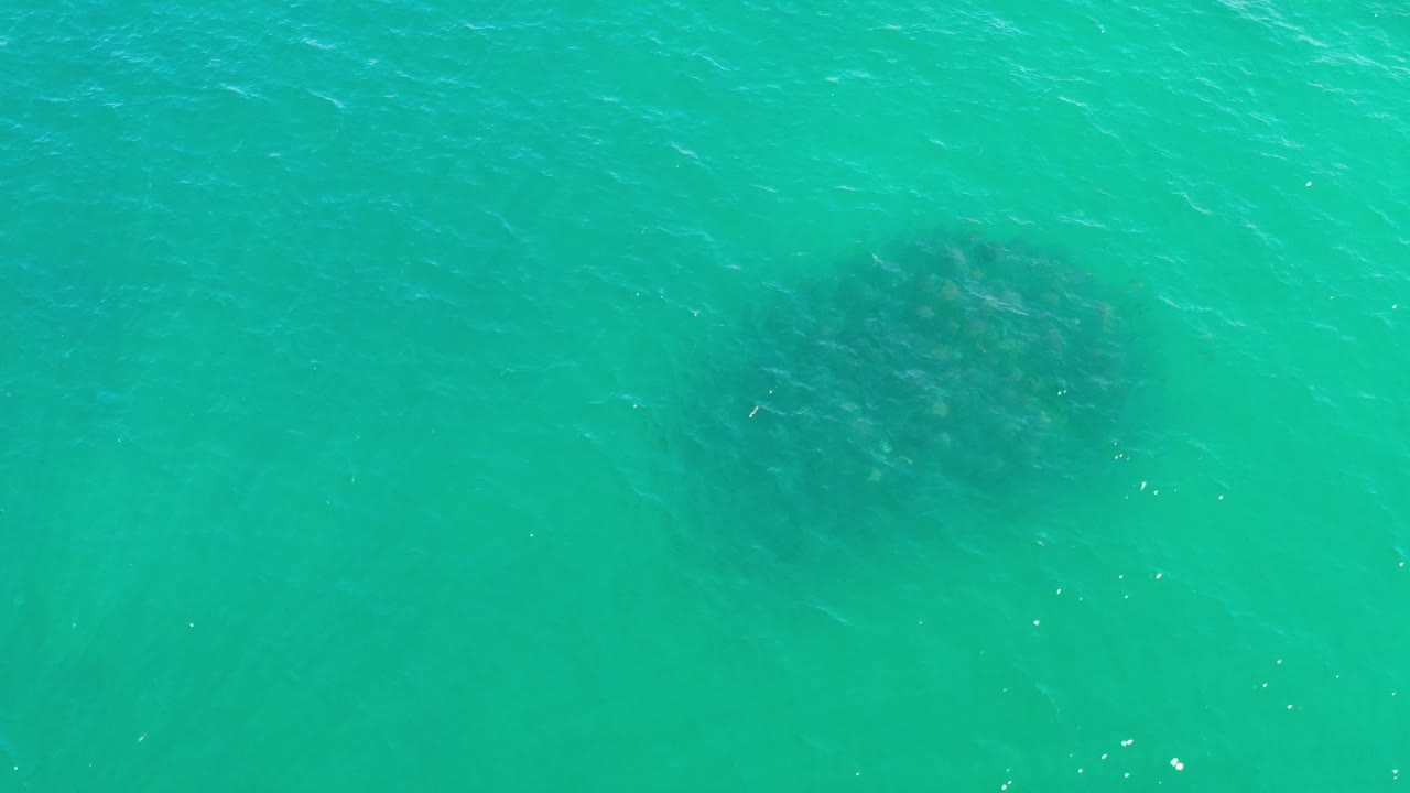 Turquoise ocean with a dark underwater cluster near the upper right.