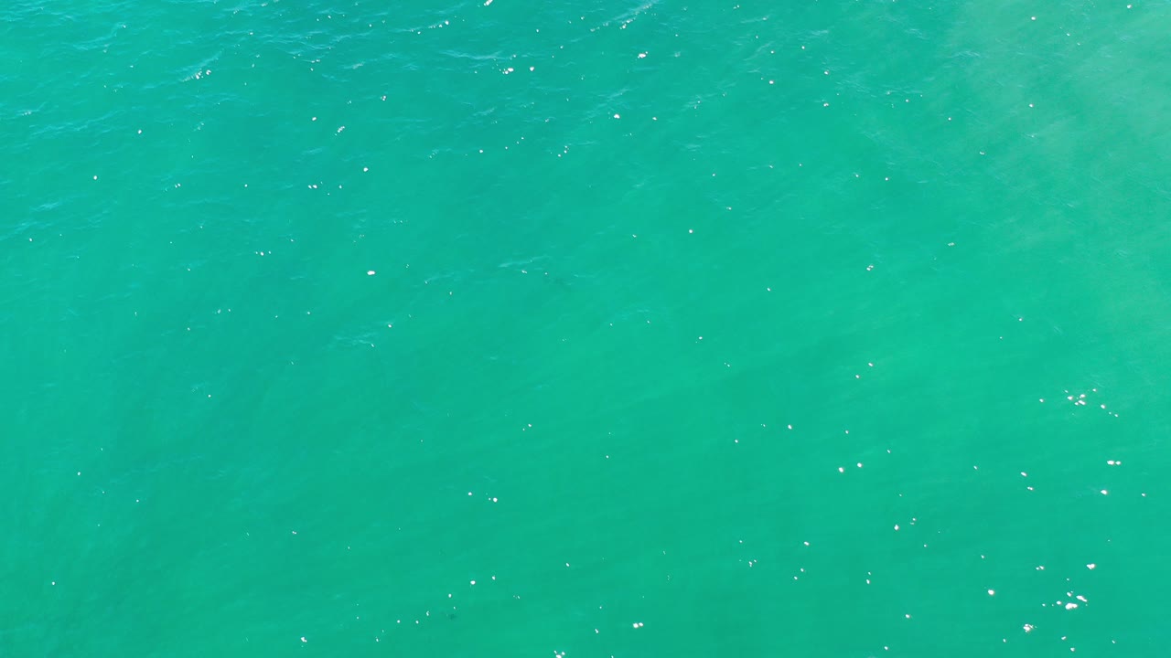 Overhead view of turquoise green ocean water in Los Cabos, Mexico, with scattered white sparkles on the rippled surface and no visible people.