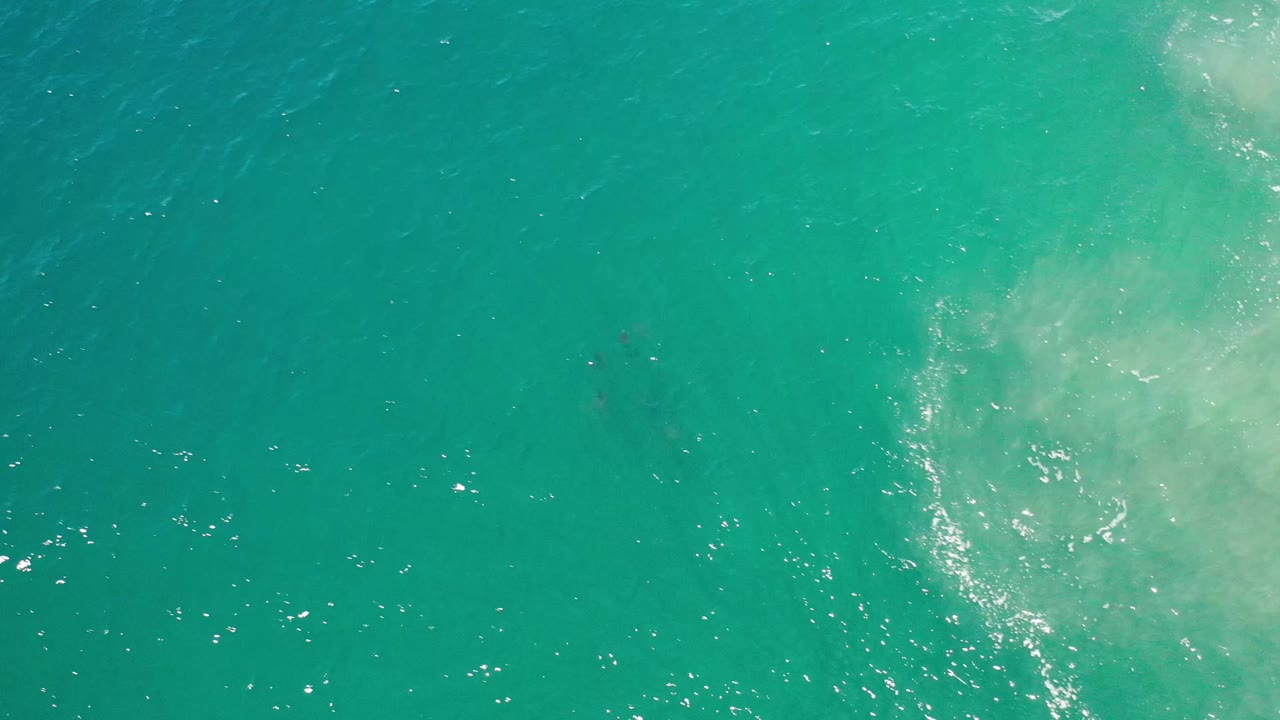 Aerial frame over Los Cabos turquoise water, showing scattered sunlight flecks and a lighter foamy patch near the right side, with no visible people.