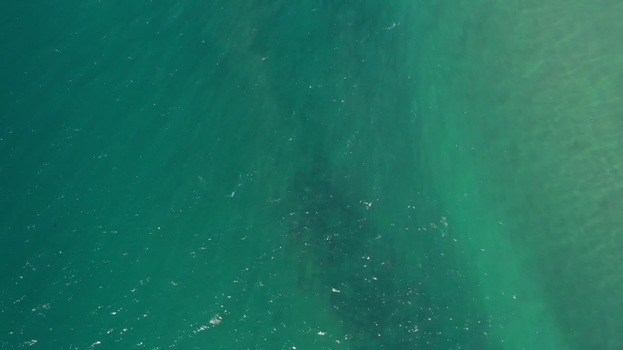 Aerial ocean water with a broad pale green area and darker teal edges.
