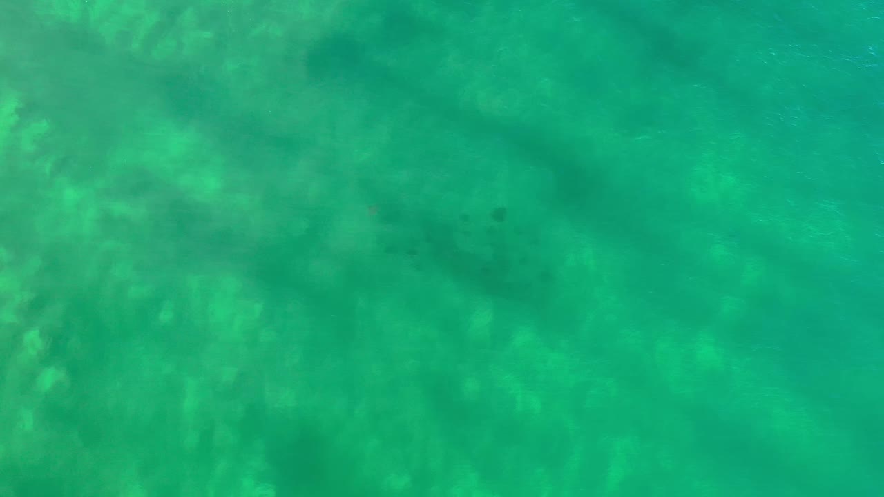 Overhead frame of teal sea in Los Cabos, Mexico, with soft mottled shadows under the water and no visible people.