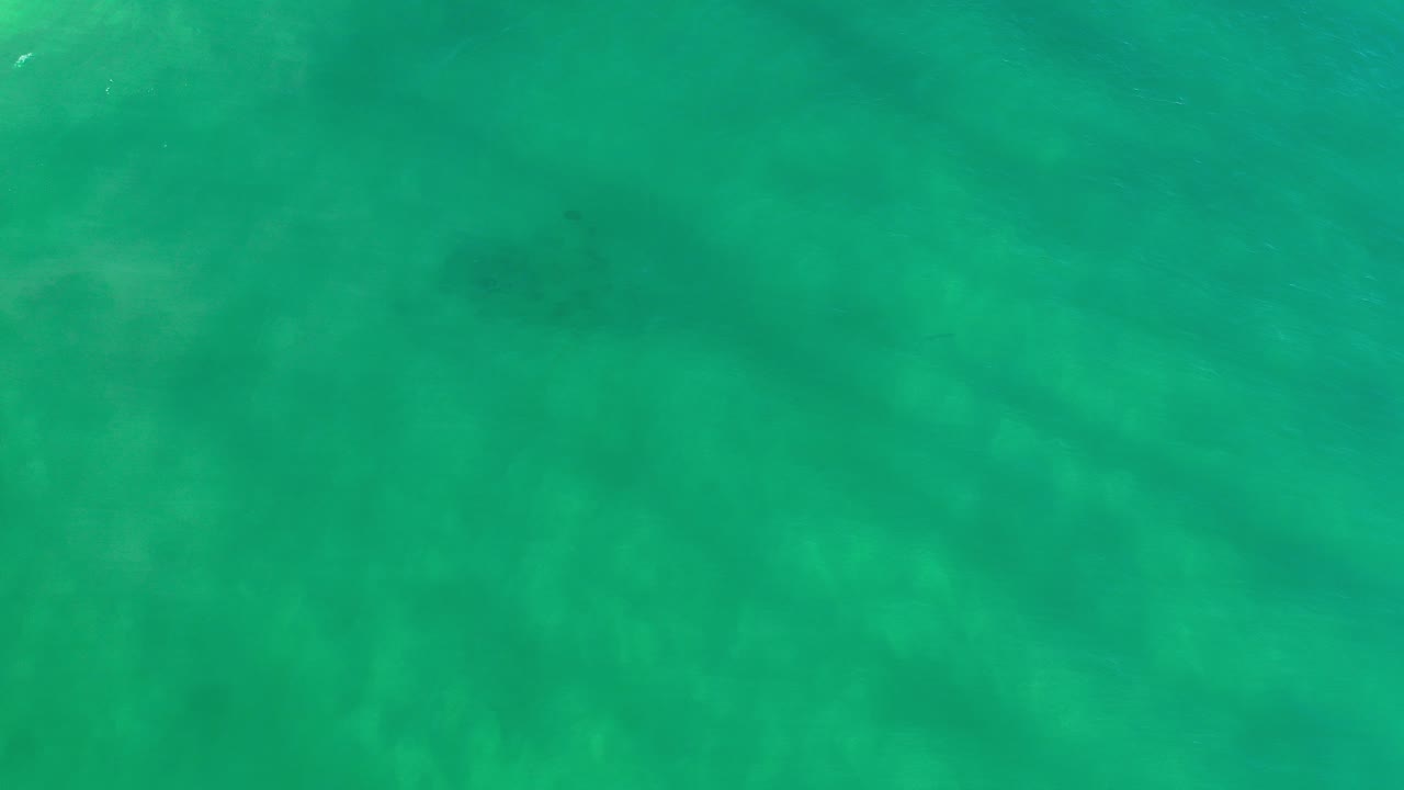 Opening frame of green Los Cabos ocean water with mottled darker areas beneath the surface and no visible people.