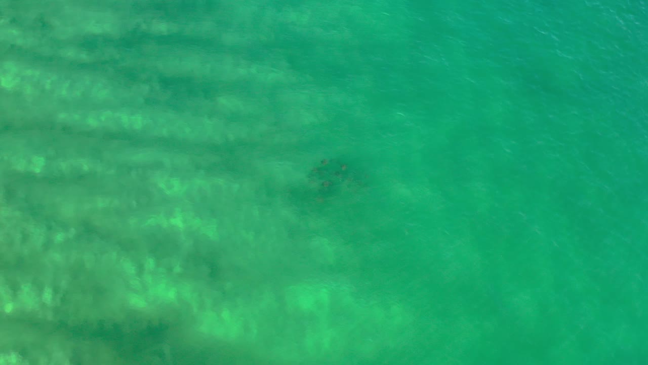 Overhead turquoise water with darker patches below the surface.