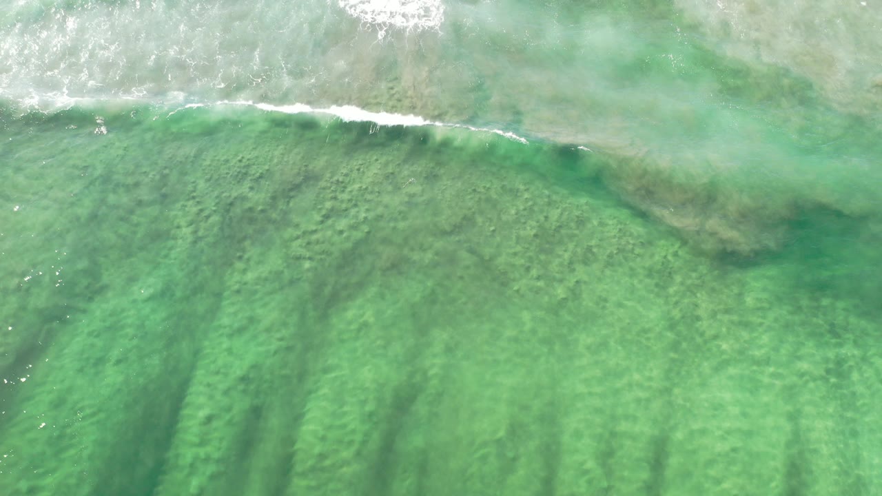 Overhead turquoise surf with white foam near the top edge.